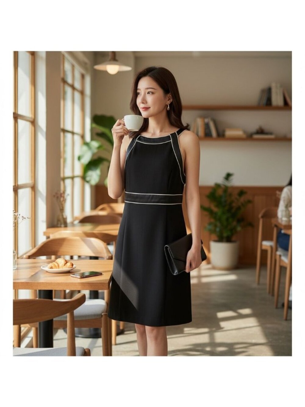 Bebe Womens Dress L Black Cocktail Sleeveless W/ White Pipe Trim Elegant Style